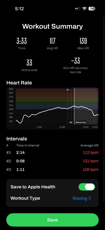 A workout summary with average and max heart rate, a heart rate graph and interval splits.
